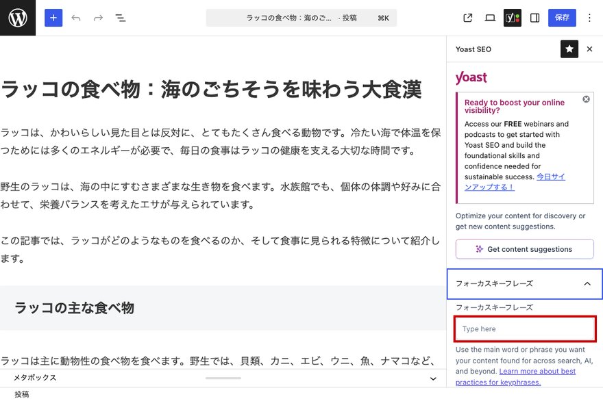Yoast SEO右サイドバー—フォーカスキーフレーズ入力欄（Type here）が表示されている
