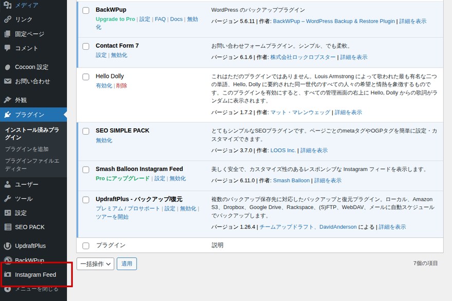 WordPress管理画面左メニュー—「Instagram Feed」メニューが追加された状態