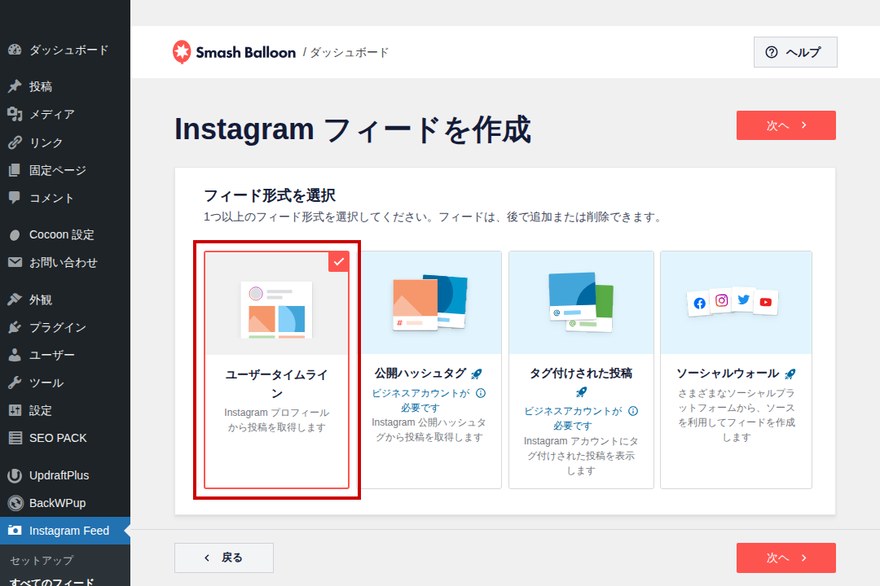 Instagram Feedフィード形式選択画面—「ユーザータイムライン」が選択されている状態