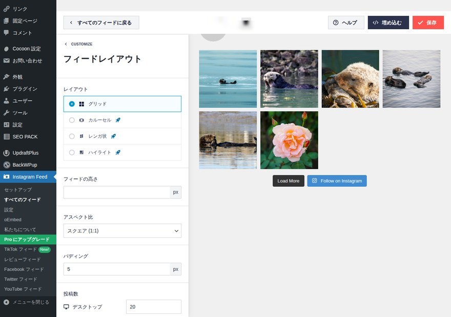 Instagram Feedフィードレイアウト設定画面—投稿数・列数の設定エリア