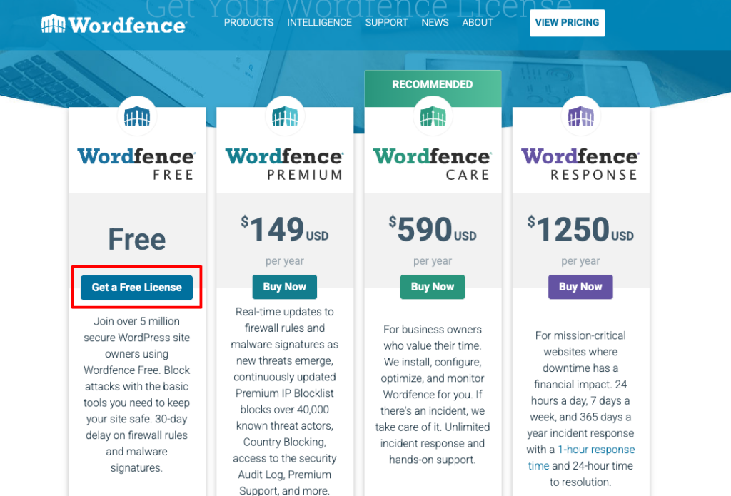 Wordfence公式サイトの料金プラン一覧—無料プラン「Get a Free License」ボタン