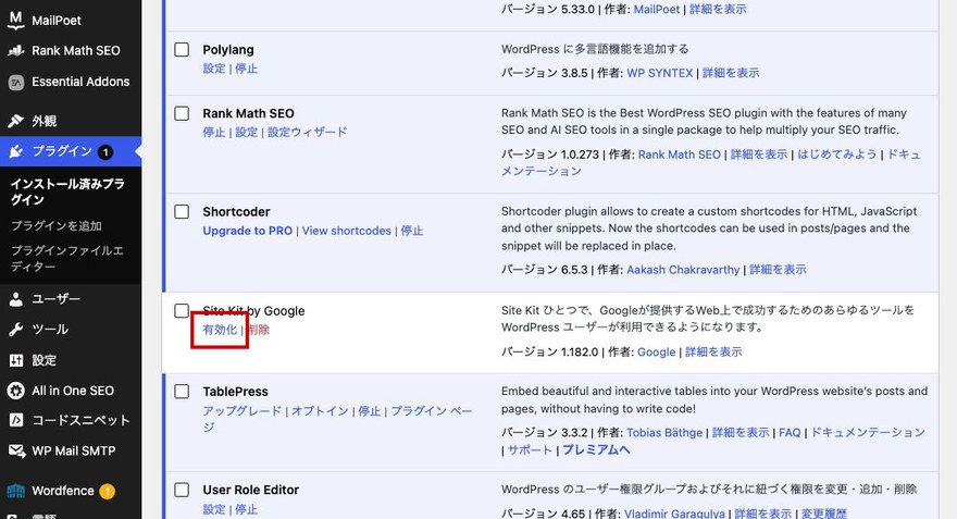 プラグイン一覧画面—Site Kit by Googleの有効化リンク