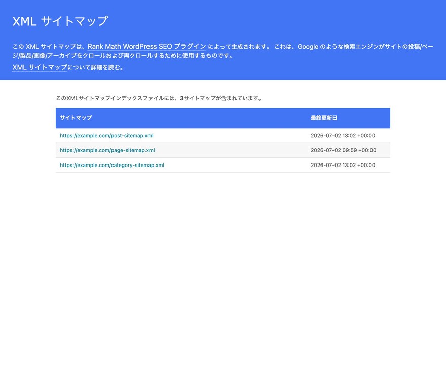 XMLサイトマップ画面—Rank Mathが生成したサイトマップインデックス